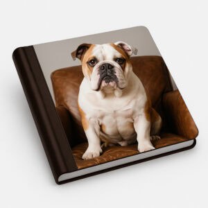 Cane bulldog su una copertina di album fotografico in pelle marrone.