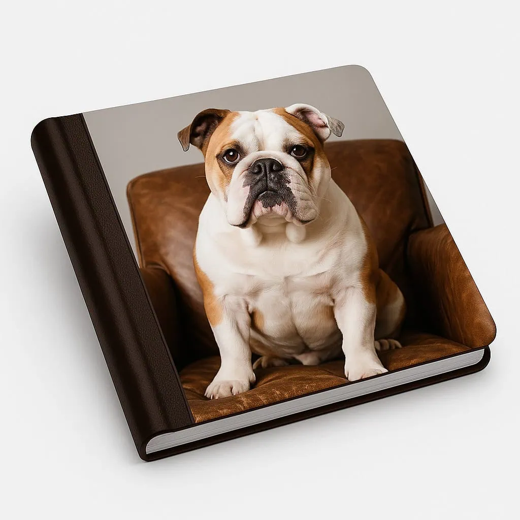 Cane bulldog su una copertina di album fotografico in pelle marrone.
