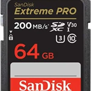 Scheda SD SanDisk Extreme PRO 64GB con 200MB/s, ideale per fotografia e video ad alte prestazioni.