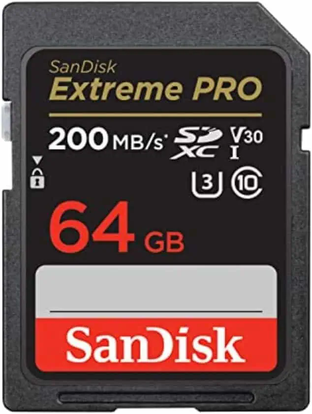 Scheda SD SanDisk Extreme PRO 64GB con 200MB/s, ideale per fotografia e video ad alte prestazioni.
