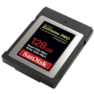 Scheda SD SanDisk Extreme PRO 128GB per fotografie ad alta velocità.