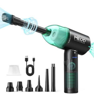 Pompa ad aria portatile MECO Eleverde con accessori e batterie ricaricabili. Ideale per gonfiare e deflazionare in modo rapido e facile.