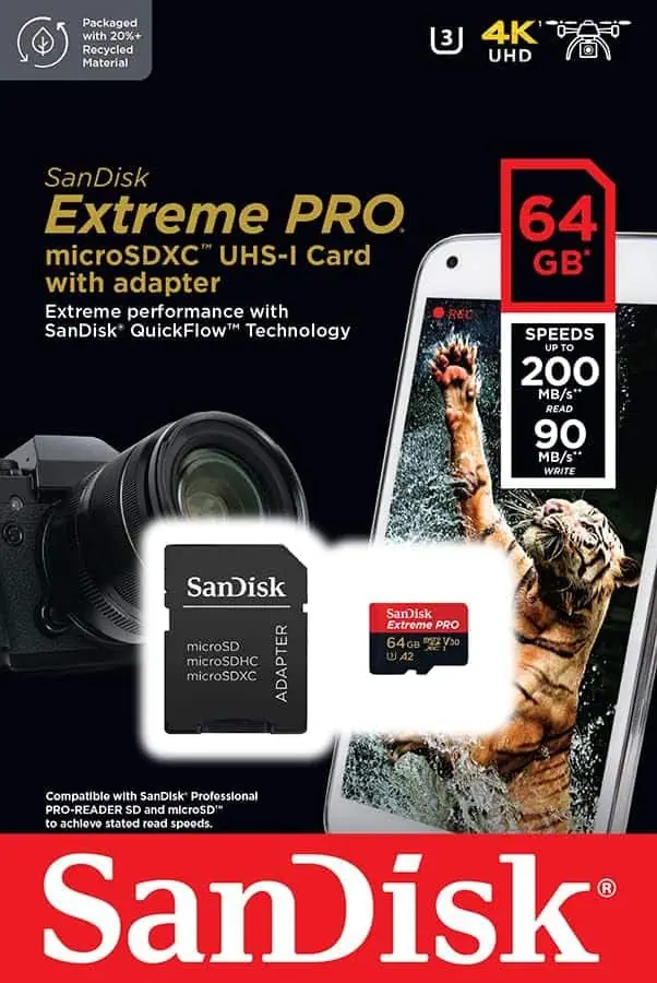 Scheda microSD SanDisk Extreme Pro 64GB con adattatore, alta velocità e compatibilità professionale.
