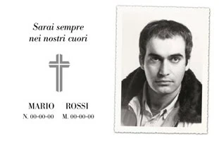 Immagine di biglietto commemorativo e ritratto uomo, Fotoworld, souvenir personalizzati funerali.