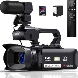 Telecamera 6K Ultra HD per video professionali con WiFi e microfono integrato.