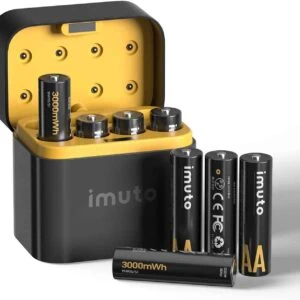 Pila ricaricabile AA con caricatore, batteria di lunga durata per fotocamere e dispositivi elettronici.
