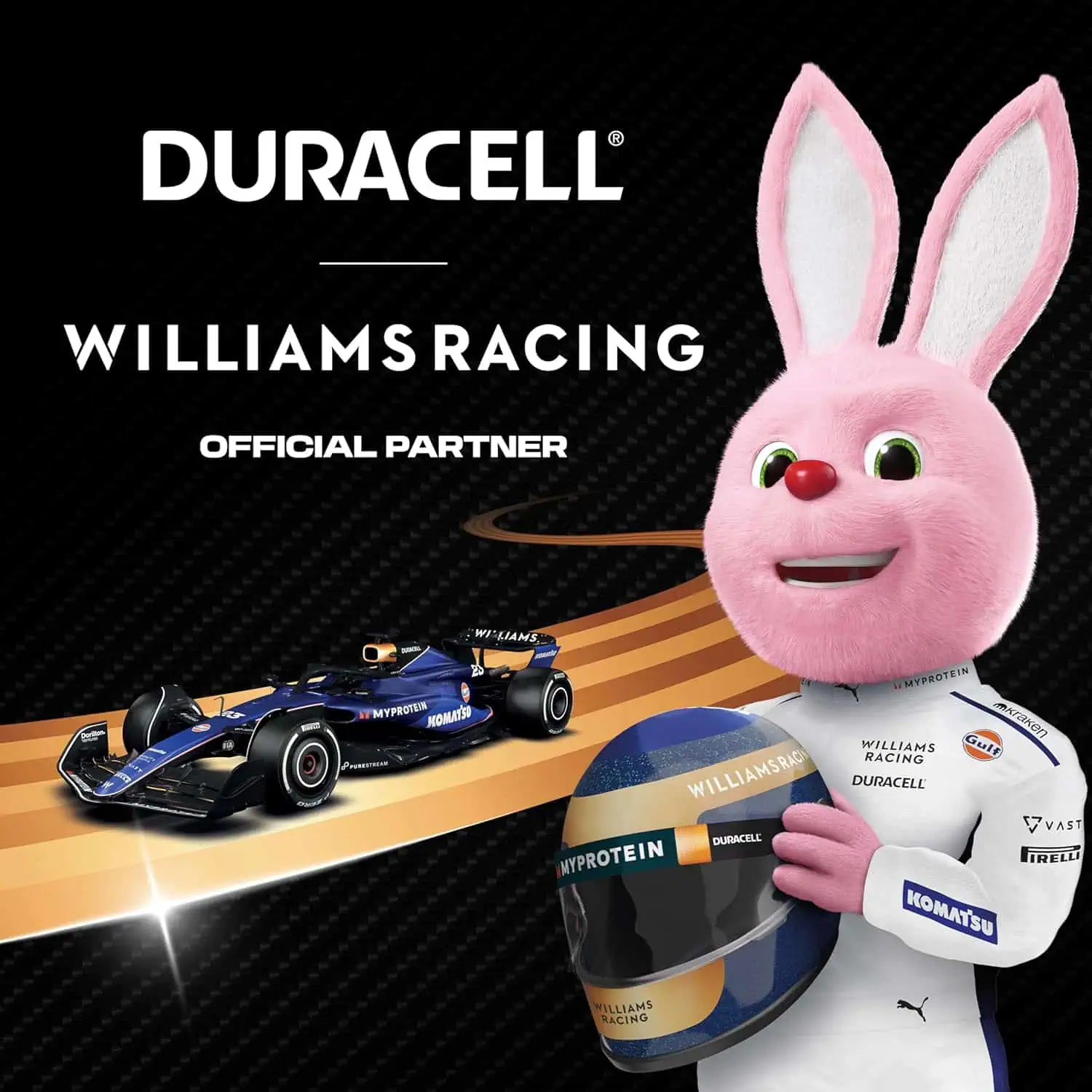 1. Mascotte di Formula 1 Ford Duracell Williams Racing con casco e monoposto.