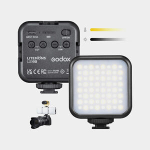 Illuminatore LED portatile per fotografia e video con controllo della temperatura e intensità.