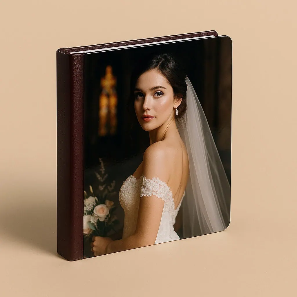 Elegante album fotografico di nozze con foto di sposa, perfetto per ricordi matrimoniali.