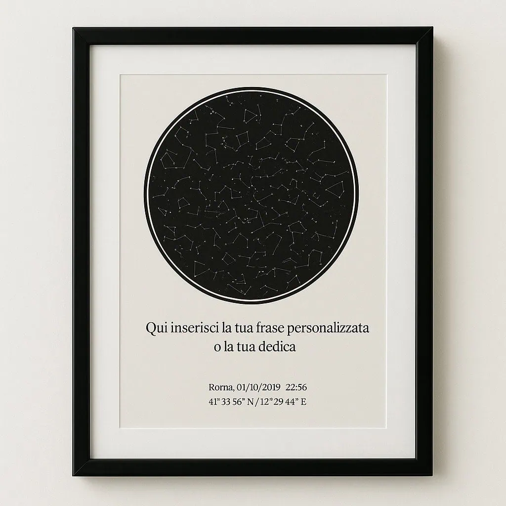 Stampa personalizzata con costellazioni e coordinate geografiche, decorazione elegante per casa o regalo astronomico.