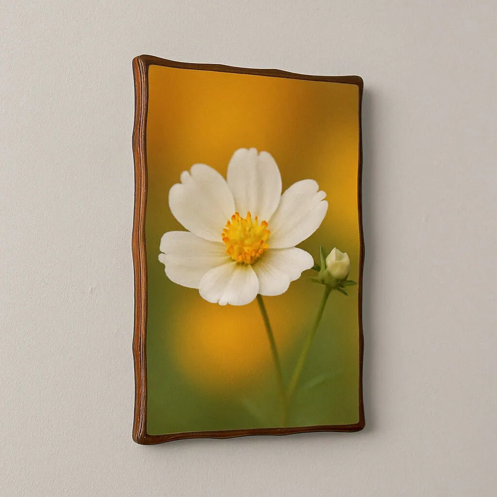 Fiore bianco su cornice in legno, stampa fotografica decorativa per pareti.