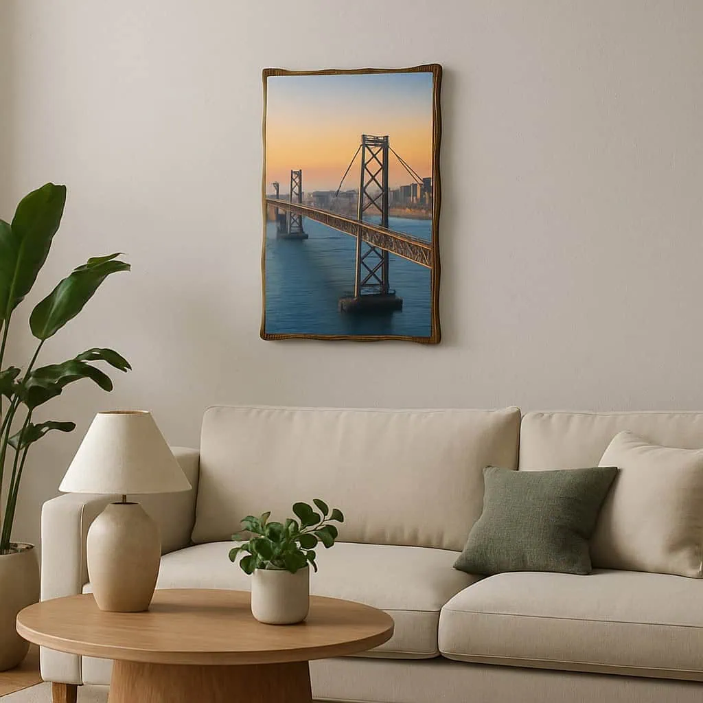 Quadro decorativo ponte città al tramonto, arte murale casa moderna con tela dipinta, decorazione parete elegante.