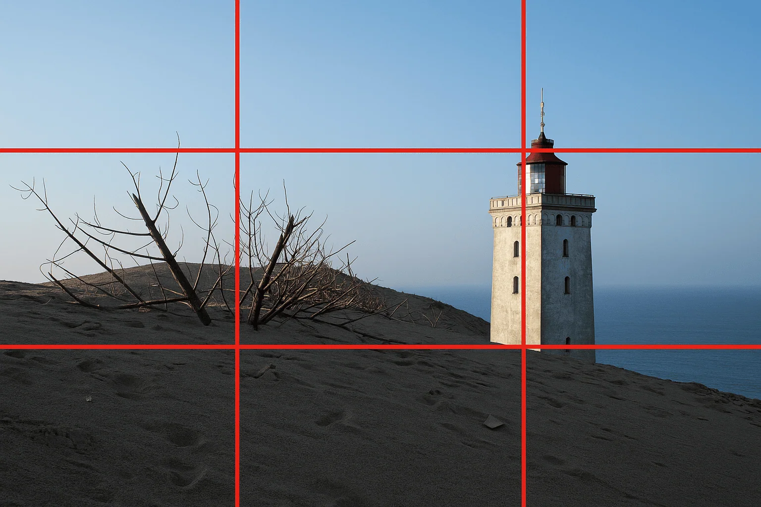 Vecchio faro sulla scogliera al tramonto, immagine panoramica mozzafiato.
