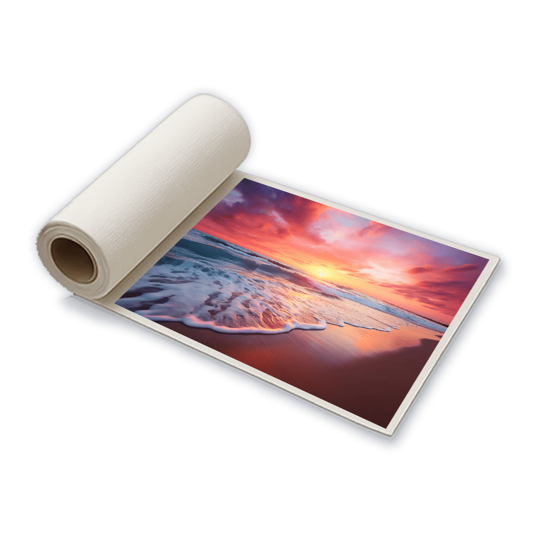 Impressione di una foto di paesaggio naturale con tramonto sulla spiaggia, pronta per la stampa fotografica.