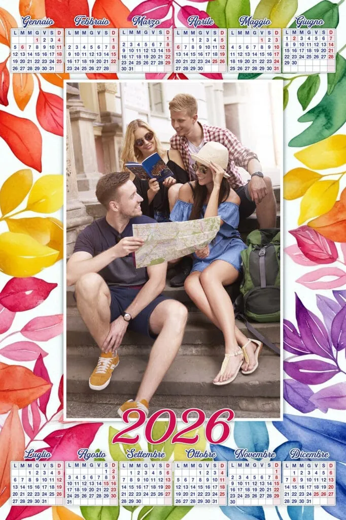 Viaggio tra amici con mappa e guida, elementi di vacanza e divertimento estivo, calendario annuale 2026 brillante e colorato.