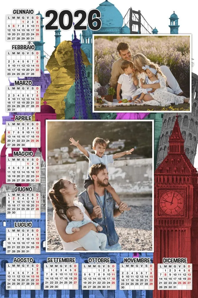 Calendario 2026 con foto di famiglia, vacanze estive e ricordi speciali, stampa personalizzata per ogni mese.
