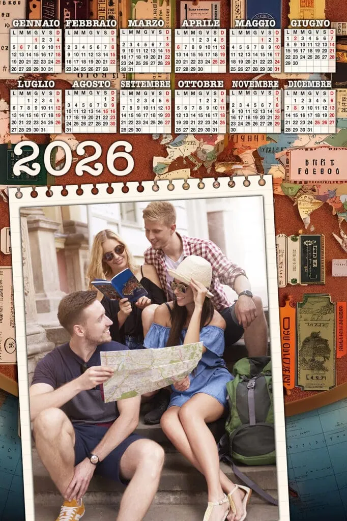Scoprite il 2026 con un calendario pieno di eventi ed emozioni, accompagnato da un gruppo di giovani amici in viaggio.
