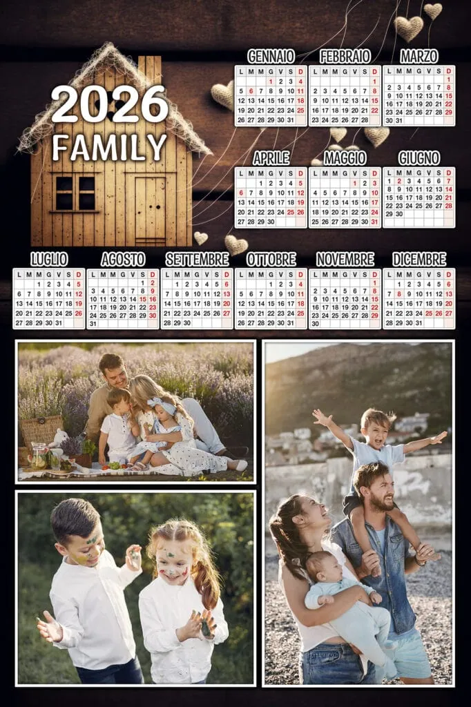 1. Calendario famiglia 2026 con foto di bambini, estate, natura e momenti felici, personalizzazione e ricordi speciali.