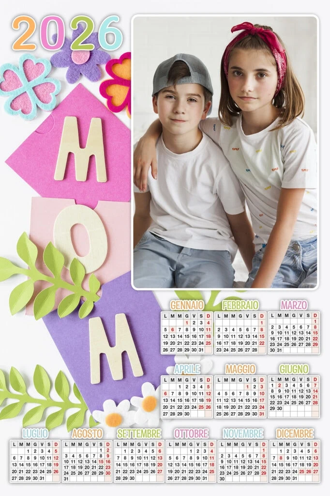 Fantasia bambini con calendario 2026 e decorazioni primaverili.