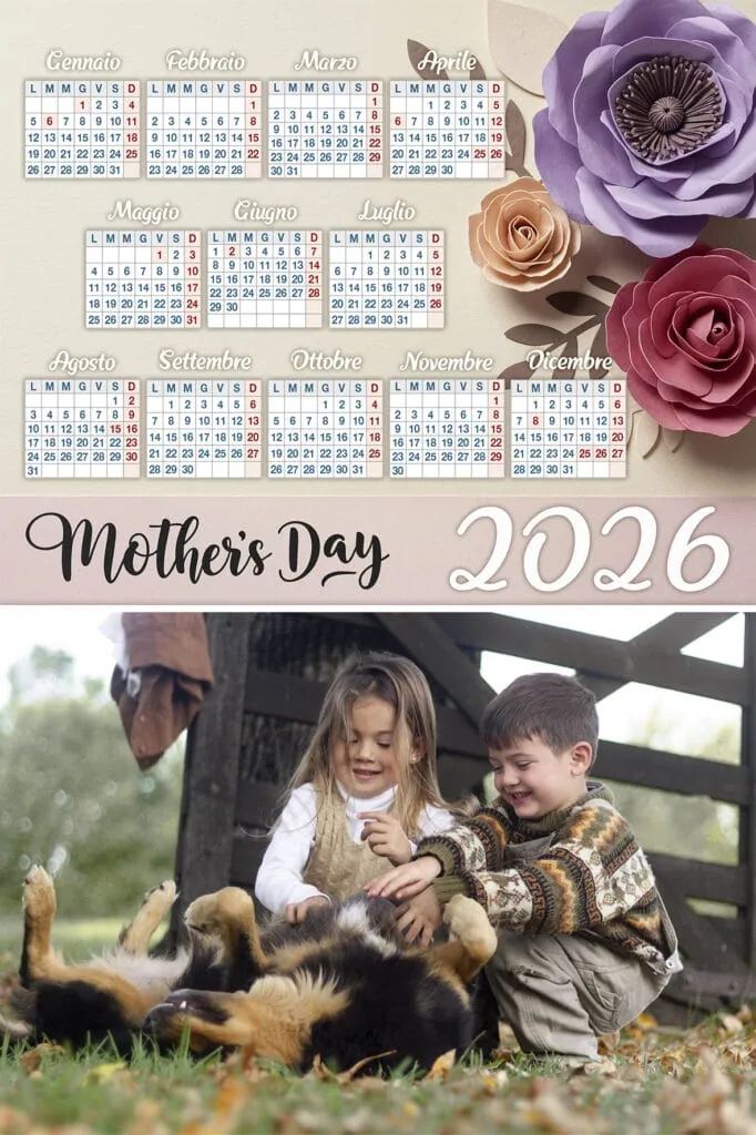 Calendario 2026 per la Festa della Mamma con fiori e bambini che giocano all'aperto, perfetto per fotocalendari e regali personalizzati.