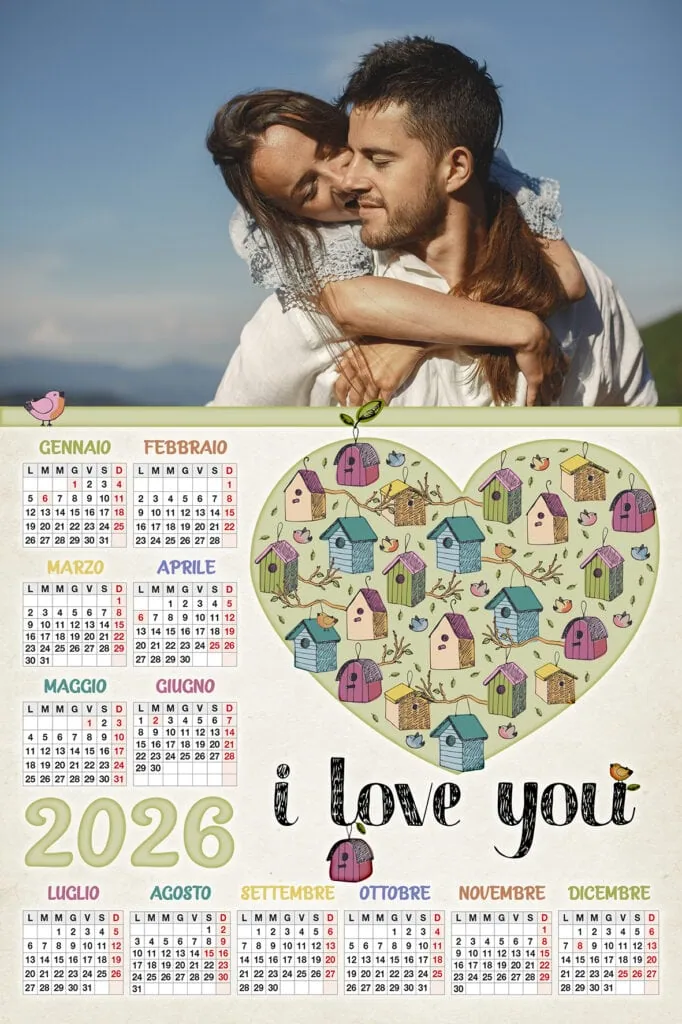 Abbruzzese calendari con case colorate e uccelli, motivi di natura e amore, in stile illustrato.
