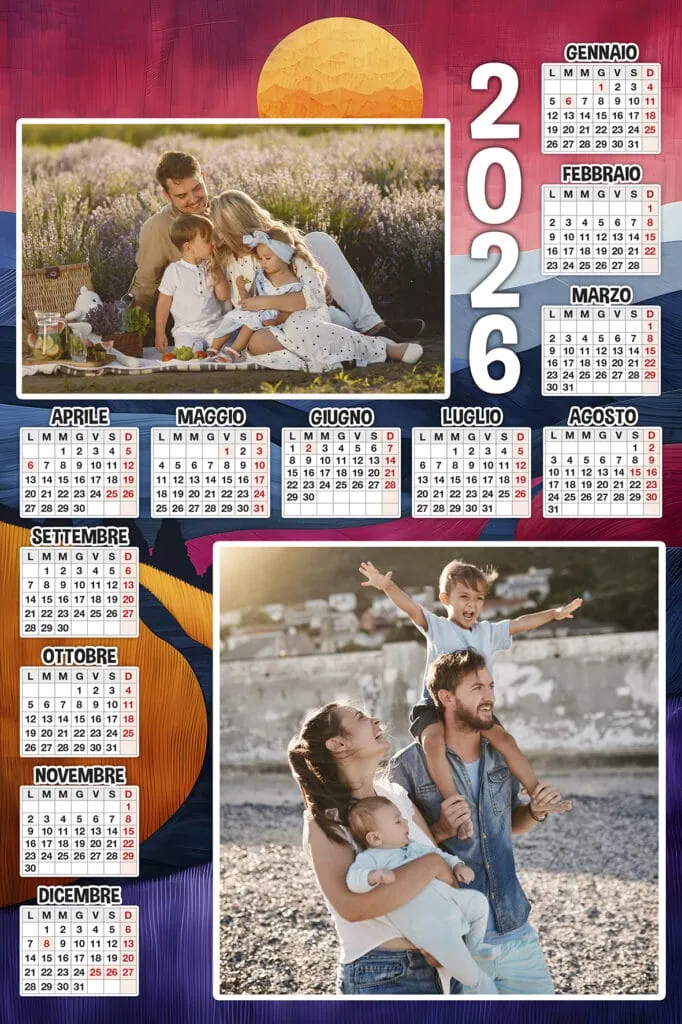 Famiglia felice che gioca all'aperto con bambini, calendario 2026, elegante design per decorazione e organizzazione.