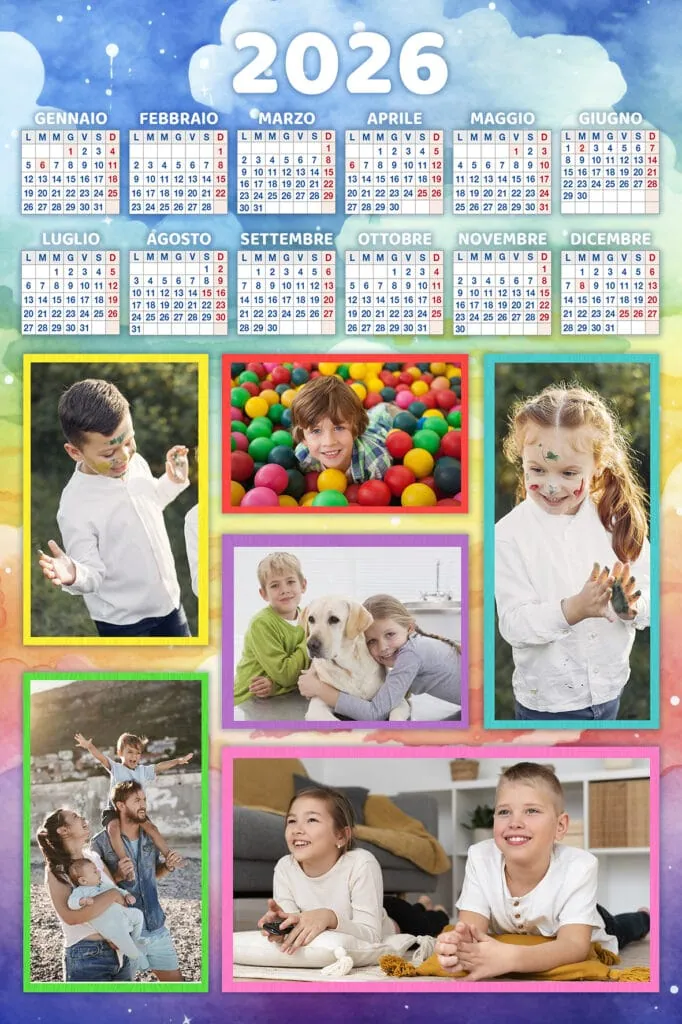 Sterile: Calendario 2026 colorato con immagini di bambini felici e animali, perfetto per promozione fotografia eventi bambini.