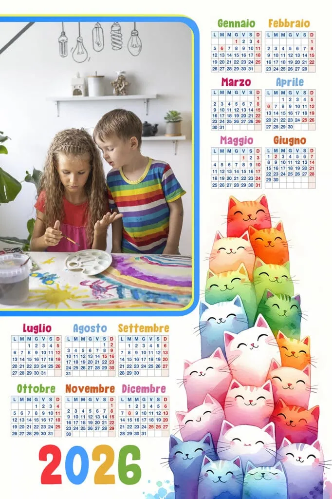 1. Calendario 2026 con bambini che dipingono, arte e creatività, foto fresche e colorate.