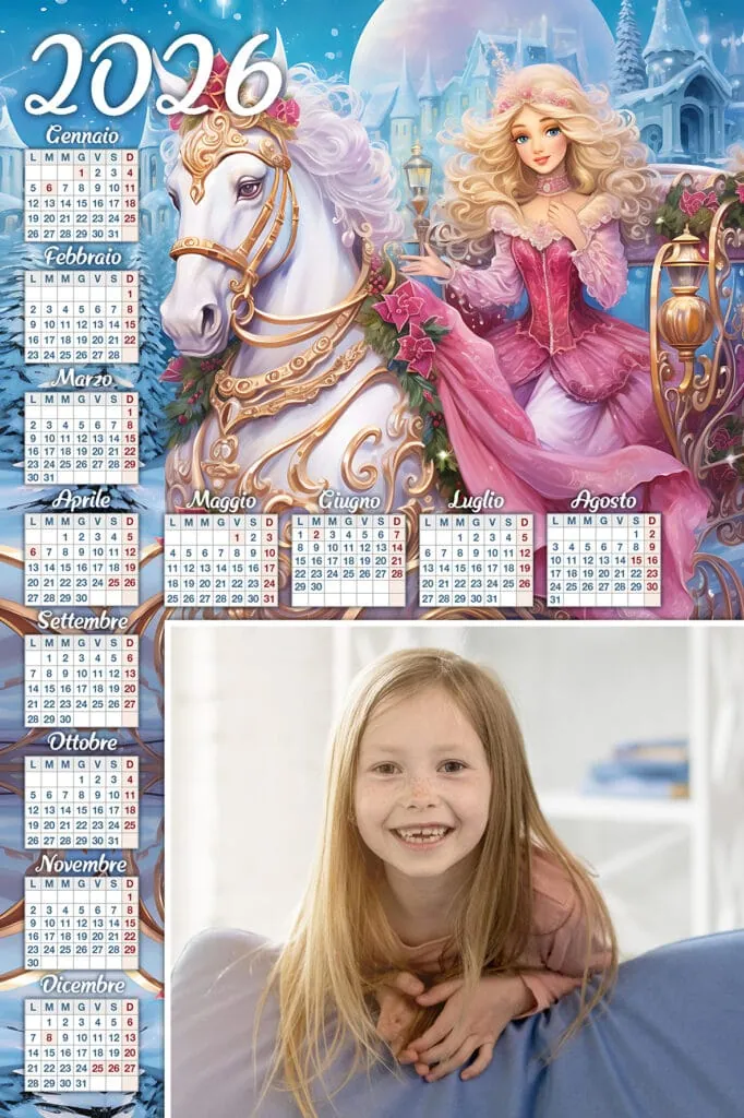 1. Calendario 2026 con illustrazione di principessa e cavallo in stile fiabesco.