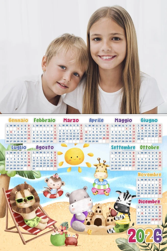 Sorriso di bambini con calendario 2026, immagine allegra e colorata per eventi e fotogiornalismo.