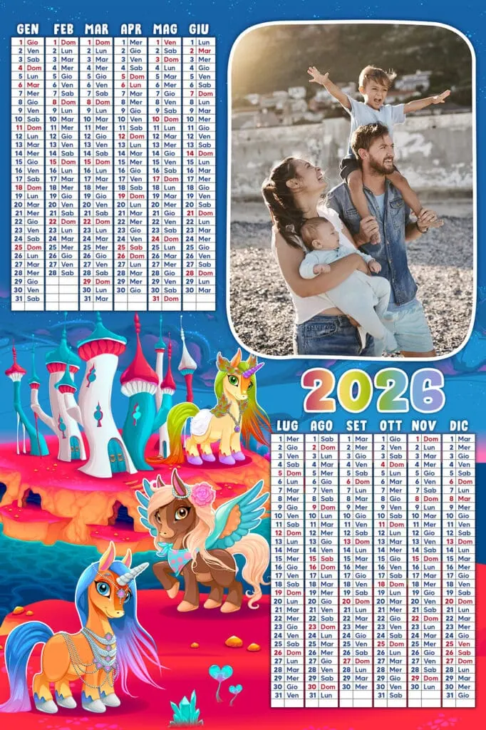 Caledario 2026 con immagini di bambini felici e fantastici unicorni, disponibile su Photoworld, perfetto per decorazioni e stampa personalizzata.