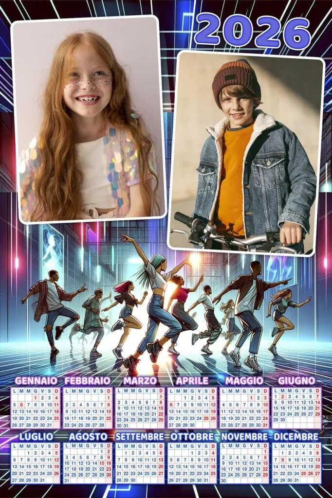 1. Fotografia di due bambini sorridenti con un calendario 2026 da Photoworld.