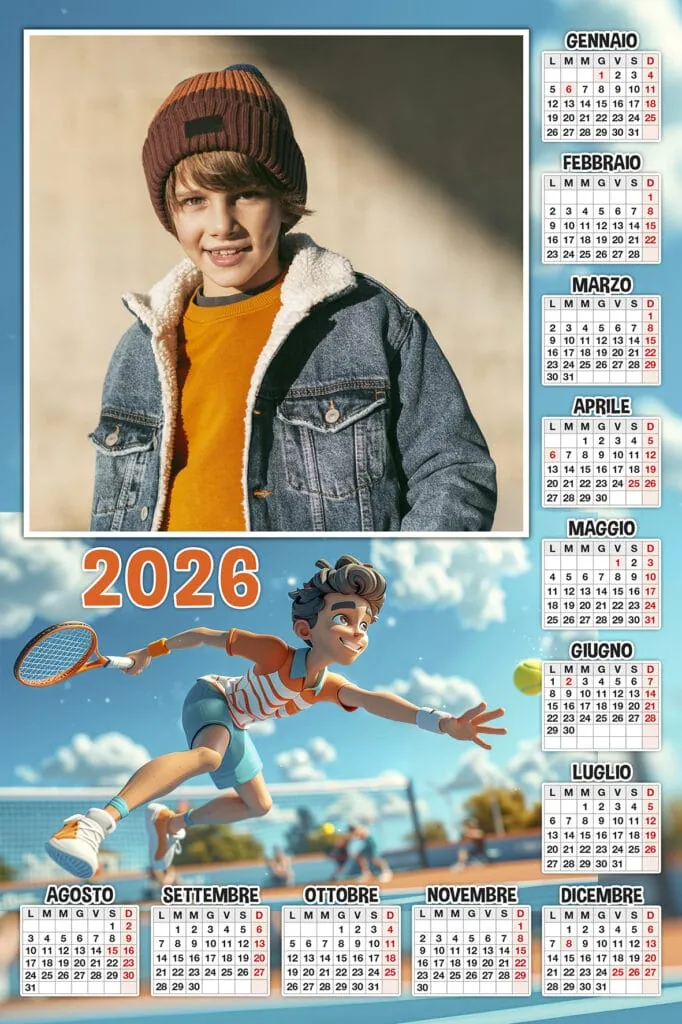 Ricordo bambino con cappello di lana e giacca in denim, calendario 2026, attività sportiva all'aperto, tennis, foto kids casual.