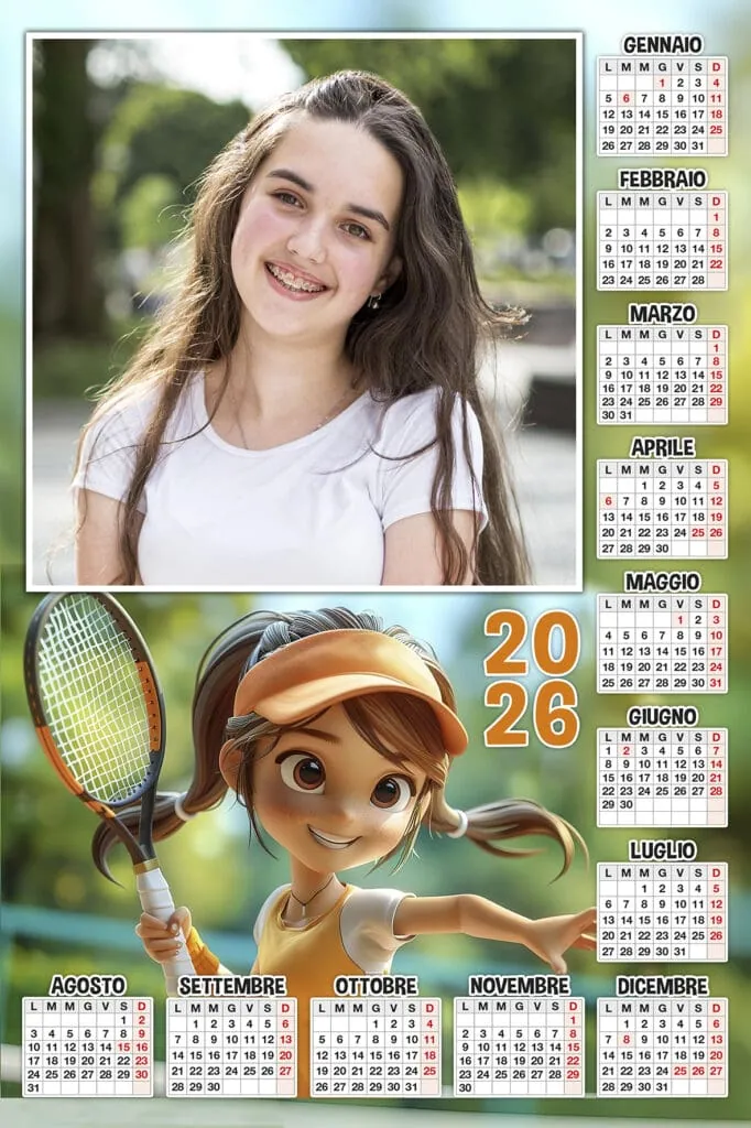 Foto di una ragazza sorridente in un parco, calendario 2026 sullo sfondo.