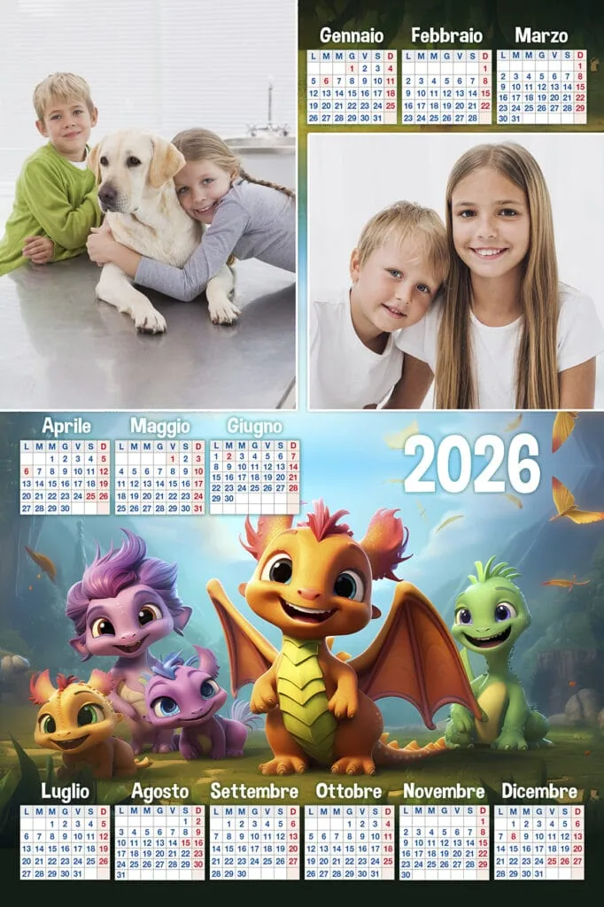 1. Bambini con cane e famiglia, calendario 2026, ricordo di momenti speciali.