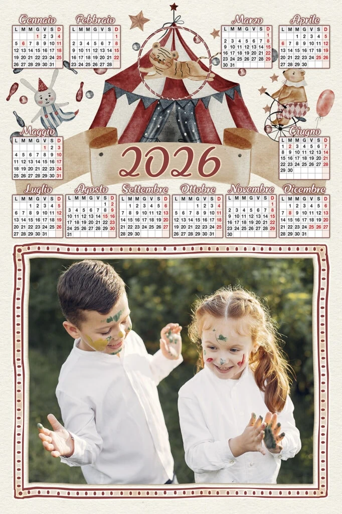 Page calendar for 2026 with cute circus animals illustration, featuring children with face paint.