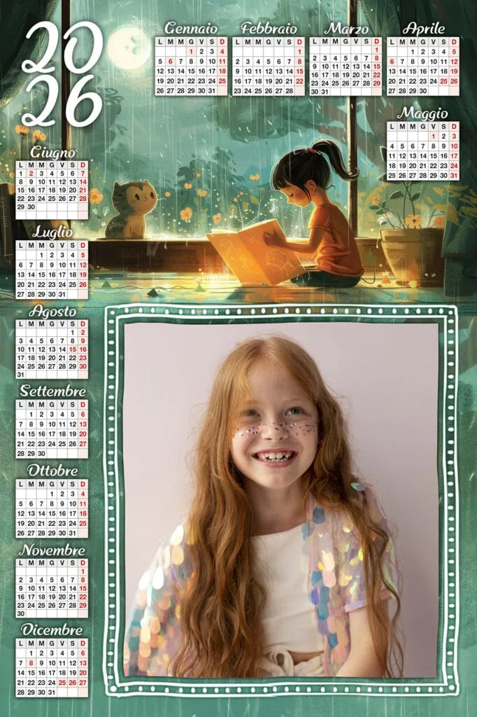 Libreria fotografica creativa con calendario personalizzato e immagine di bambini, ideale per prodotti fotografici e stampa personalizzata.