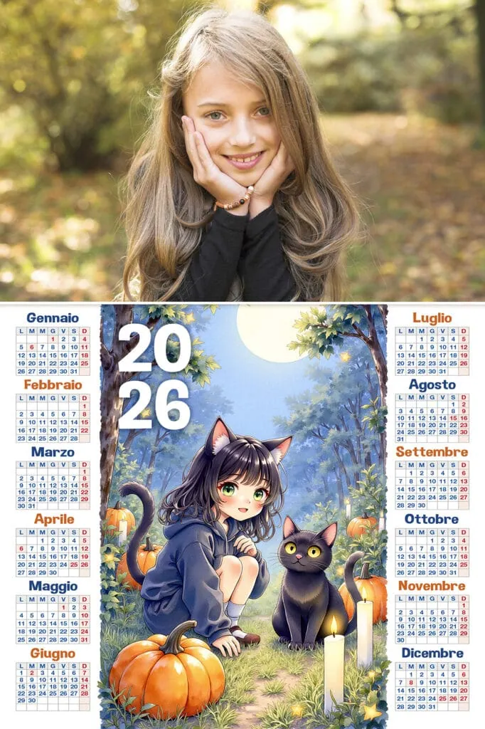 1. Calendario 2026 con illustrazione di gattetto e zucche per Halloween.