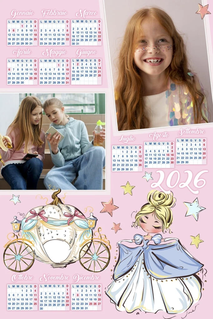 Calendario 2026 con illustrazioni di bambine, carrozza e orsetto, perfetto per decorazioni darling e femminili, con immagini colorate e magiche.
