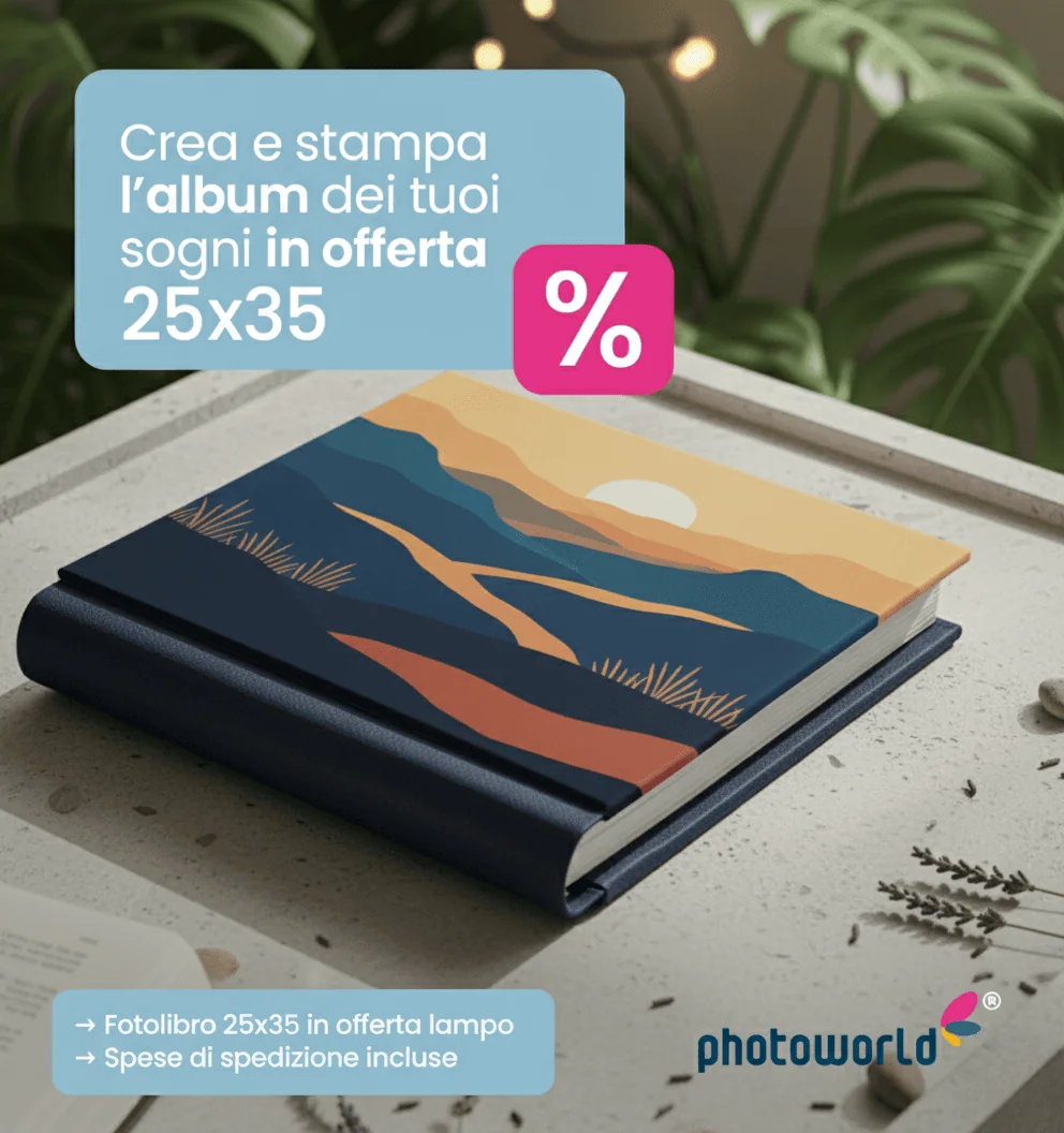 Album fotografico personalizzato 25x35 in offerta, stampa di qualità e spedizione veloce.