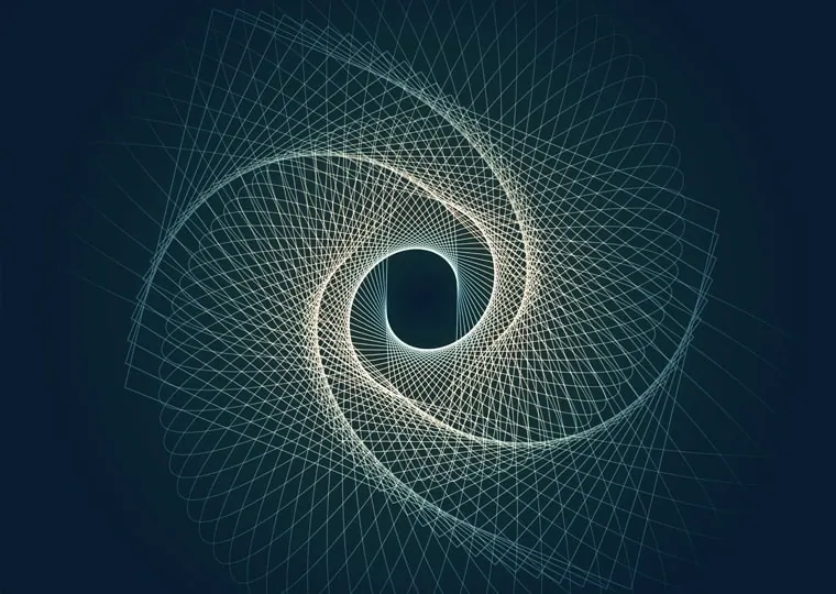 Spirale geometrica con linee e griglie che rappresentano la sezione aurea e la bellezza matematica.