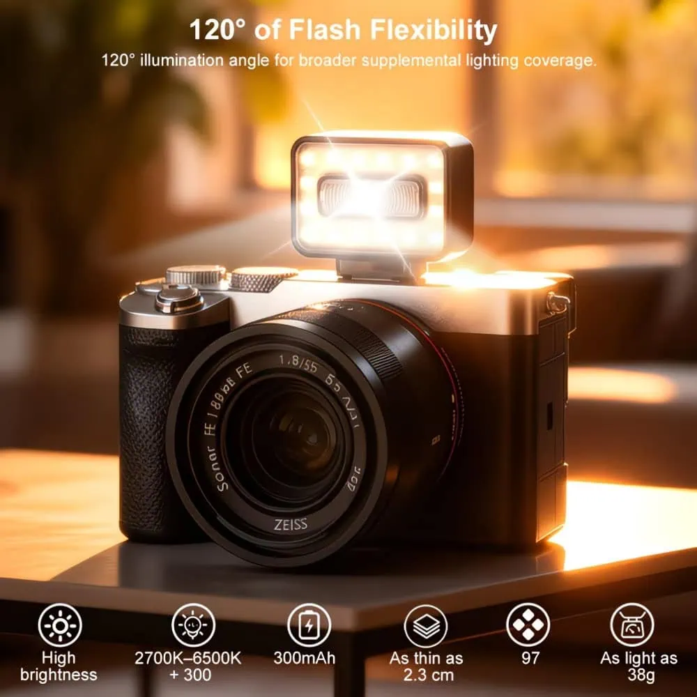 Flash compatto con angolo di illuminazione di 120° per copertura luminosa ampia.