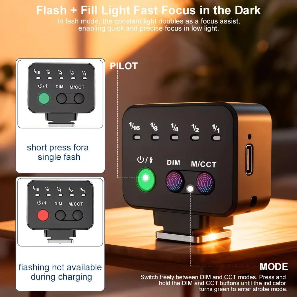 Mini Flash compatto con controlli di luce e modalità di illuminazione.