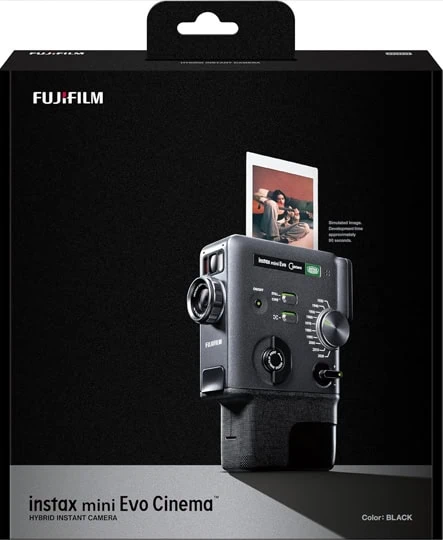 Fotocamera istantanea Fujifilm Instax Mini Evo Cinema con display e stampa immediata.