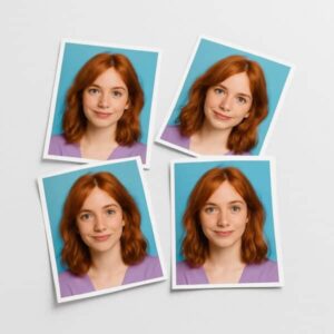 Foto di una giovane donna con capelli rossi e sorriso amichevole su sfondo blu.