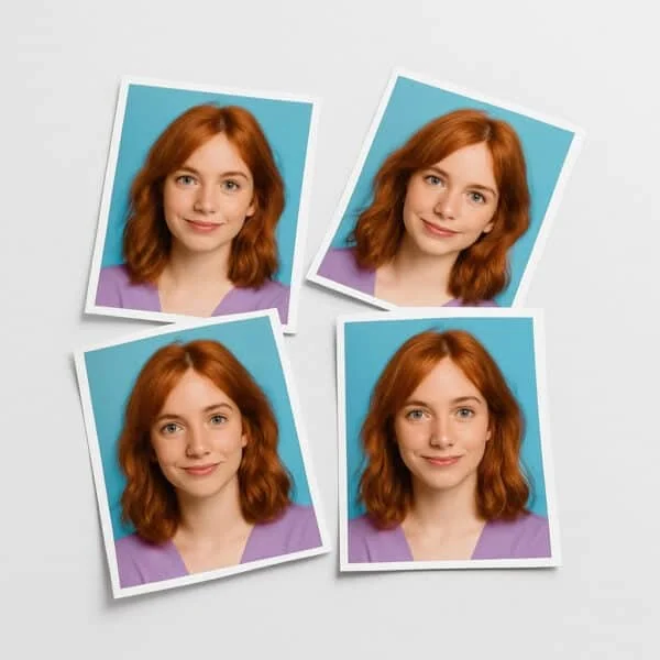 Foto di una giovane donna con capelli rossi e sorriso amichevole su sfondo blu.