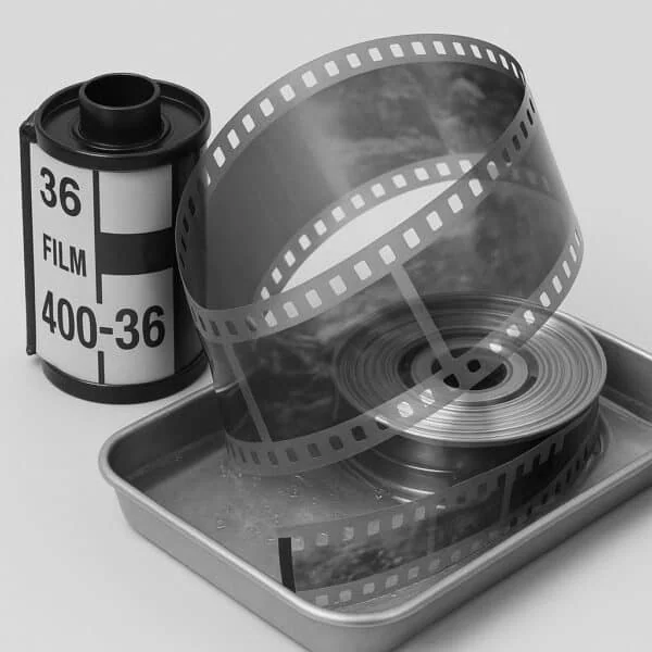 Fotografia di pellicola cinematografica e contenitore in metallo, simbolo di produzione video e foto.
