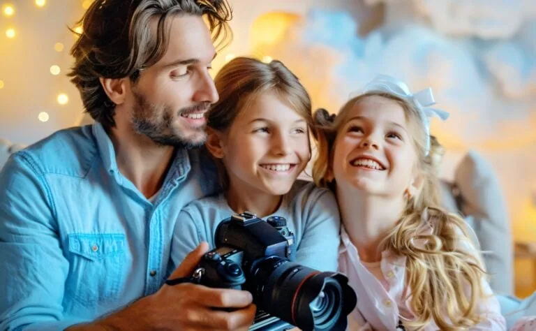 Padre e due bambine sorridenti che scattano foto con una fotocamera digitale in un ambiente domestic.