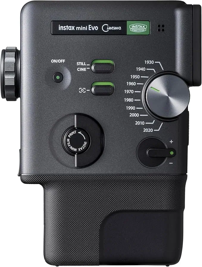 Fotocamera istantanea Fujifilm Instax Mini Evo con controlli e display.