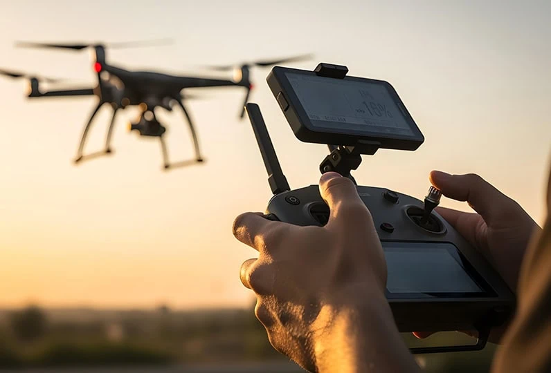 Aereo drone controllato tramite telecomando durante il tramonto, in volo in un paesaggio aperto.